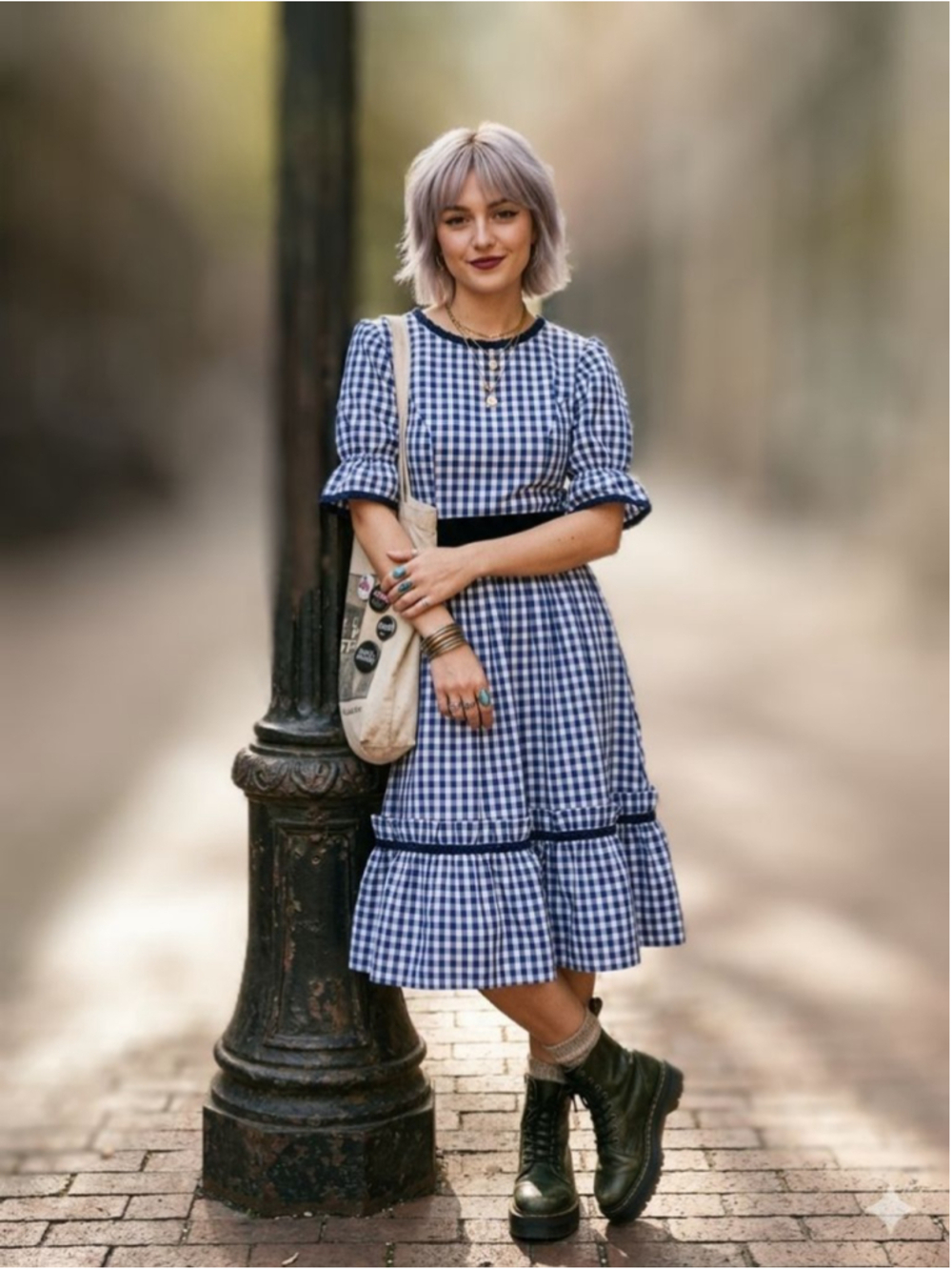 Vintage Blue Gingham Prairie Dress Velvet Sash Cottagecore Midi